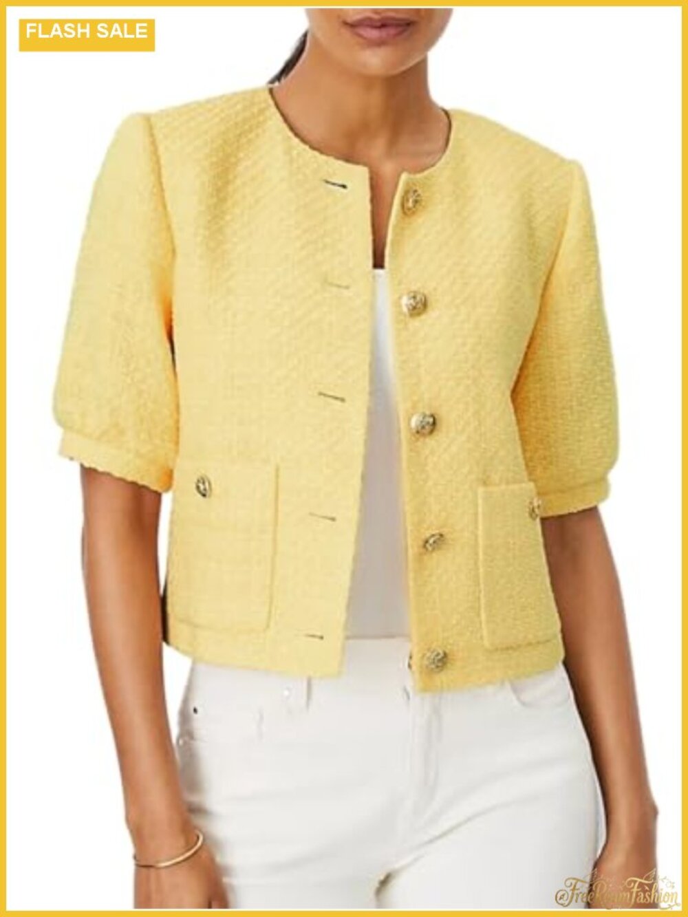 Cropped Tweed Blazer Women Puff Short Sleeve Open Front Business Casual Work